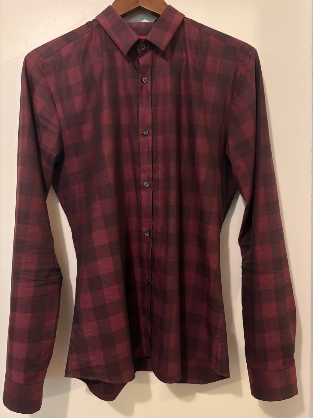 HUGO Men's Burgundy and Black Plaid Button-Down Shirt